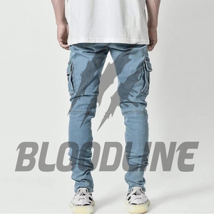 Pantalones Cargo de Mezclilla Lavada a la Piedra para Hombre BLOODLINE, Corte Slim Fit, Cintura Media, Color Sólido, Estilo Utilitario, Jeans de Algodón para Otoño, Calidad Premium - Product Image 3