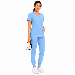Women Scrub <b>Set</b> V Neck Short Sleeve Top Cuffed Jogger Pants Solid Color Medical Uniform Hospital Wear Blue - Product Image 3