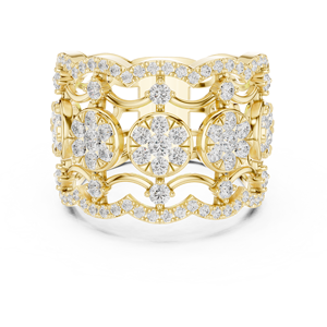 Bague de fiançailles en or jaune avec fleurs et diamants, bague de mariage multi-rangs pavée pour femme - Product Image 3