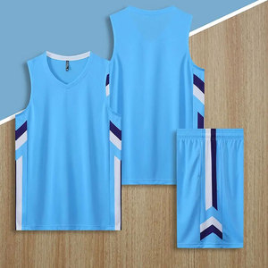 Ensemble de maillot de basket-ball bleu clair pour hommes, col en V, sans manches, uniforme respirant, toutes saisons, taille adulte, coupe régulière - Product Image 6