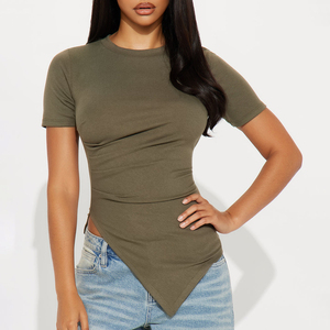 Fashion Designs <b>Women's</b> Lounge Asymmetrical Short Sleeve T Shirt Casual Outfits Tracksuit Gym Workout Fitness Sporty <b>Women</b> Tees - Product Image 1