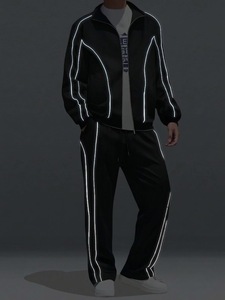 <b>Black</b> Polyester/Cotton Eco-Friendly Tracksuit Set Zip-Up Jacket Drawstring <b>Pants</b> Elastic Waist Side Pockets Plus Size Loose Fit - Product Image 6