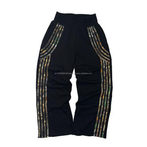 กางเกงสเวตเตอร์เอวสูงสำหรับผู้ชาย, กางเกงสเวตเตอร์ผ้าฝ้ายทรงหลวมมีแถบด้านข้างพิมพ์ลายไม่ยับย่นย้อมธรรมดา - Product Image 1