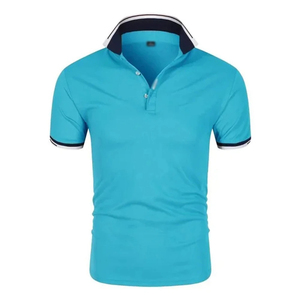 Polo en tricot à manches courtes pour homme, couleur unie, respirant, style décontracté, gris avec bordure bleue - Product Image 3