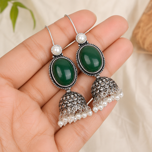 Handmade Oxidized <b>Silver</b> Green Oval Stone Pearl Drop Jhumka <b>Earrings</b> - Product Image 4