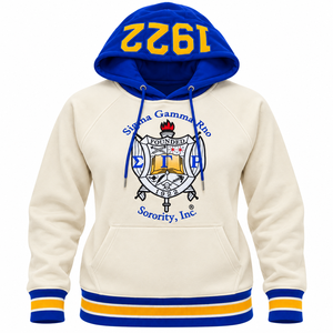 เสื้อฮู้ดดี้พรีพ ยูนิเซ็กส์ ปักลายตราสัญลักษณ์ 1922 แบบสวมหัว สีน้ำเงิน แต่งขอบสีทอง มีกระเป๋าจิงโจ้ สไตล์ลำลอง เสื้อผ้ากรีก - Product Image 1