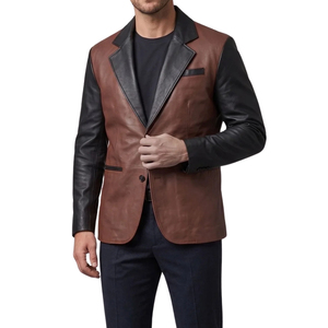 Chaqueta de Cuero Genuino Marrón para Hombre, Marca Leather Cult, Mangas Negras, Cierre de un Botón, Corte Entallado, Estilo Casual Elegante - Product Image 3