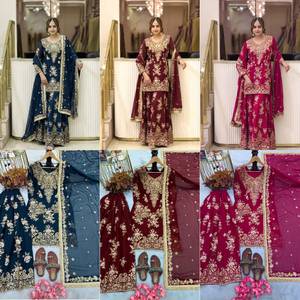 Ensemble Salwar Kameez Lehenga indien pakistanais brodé en faux georgette, longueur ras du sol, tenue festive et formelle pour mariage - Product Image 5