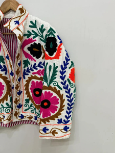 Women's <b>White</b> Floral Embroidered Quilted <b>Jacket</b> Colorful Ethnic Embroidery Denim Style Traditional Outerwear Eco-Friendly Quick - Product Image 4