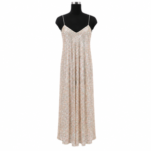 Womens Champagne <b>Sequin</b> Maxi Dress Spaghetti Strap V Neck Sleeveless Sparkly Evening Party Wedding Formal Loose Fit Floor Length - Product Image 1