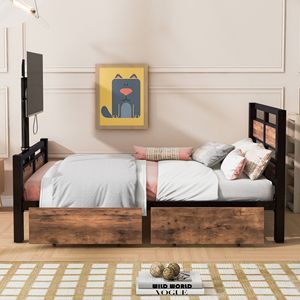 Letto a piattaforma in metallo nero, misura twin, con testiera e pediera in MDF, due cassetti portaoggetti e supporto TV girevole - Product Image 4
