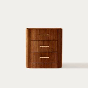 Modern Japandi Teak Wood Bedside Table Corduroy Silhouette Triple <b>Drawer</b> Side Locker <b>Gold</b> Bar <b>Pulls</b> - Product Image 1