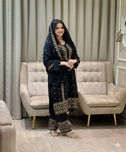 Hot Selling <b>Kurti</b> Sharara Dupatta Set Premium Fancy Ethnic Wear Boutique Fashion Collection dubai style 81038 AC-7084 7094 Black - Product Image 1