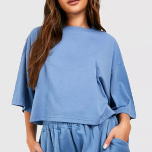 Ensemble court pour femme avec logo personnalisé, ensemble sport décontracté deux pièces, t-shirt 100% coton de haute qualité, taille élastique, ensembles jumeaux - Product Image 5