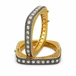 Heritage 925 Sterling Silver Gold Plated Kundan Polki Square <b>Bangle</b> with Antique Black Rhodium Finish - Product Image 2
