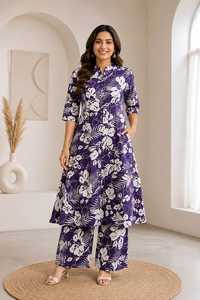 Ensemble Kurta Plazo pour femmes, en coton violet à imprimé floral, coupe trapèze, manches trois quarts, col mandarin, tenue décontractée ethnique traditionnelle - Product Image 6