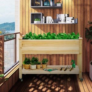 Fioriera da Giardino Rialzata in Legno con Ruote Bloccabili, Ripiano, Fori di Drenaggio e Rivestimento - Product Image 1