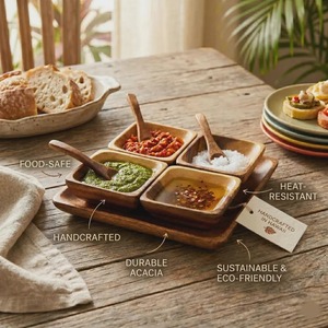 Indian Manufacture Luxury Wooden <b>Serving</b> Tray with Bowls and Spoons Complete Dining <b>Set</b> for Home Available for Bulk Quantity - Product Image 5