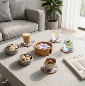 ชุดจานชามสำหรับห้องนั่งเล่นสไตล์โมเดิร์น พร้อมจานรองแก้วน้ำชาและกาแฟ ขนาดปรับแต่งได้ ผลิตจากหวายและเปลือกหอยมุก - Product Image 1