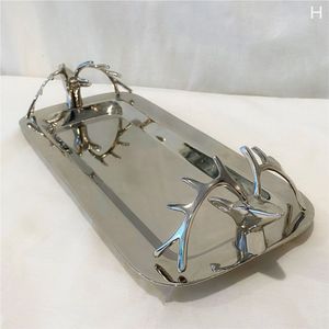 Luxury Silver Stainless Steel Serving Tray with Gold <b>Pinecone</b> Branch Handles Decorative Metal Ottoman Tray for Home Hotel Decor - Product Image 4