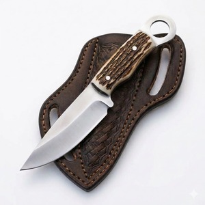 Couteau de chasse artisanal sur mesure, lame en acier D2 de type Drop Point, épaisseur 0,5 mm, manche en bois de cerf véritable non réglable, étui en cuir - Product Image 4