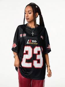 Maillot de football américain en maille pour femme, coupe oversize, manches courtes, style streetwear, haut de sport, numéro personnalisé, fournisseur OEM, usine - Product Image 4