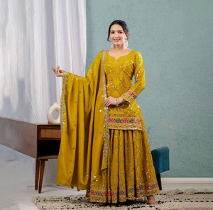 Salwar Kameez de Seda Amarillo para Mujer, con Dupatta Bordada, Traje Tradicional Indio-Pakistaní para Bodas y Diwali, Largo hasta el Suelo, Corte Regular - Product Image 1
