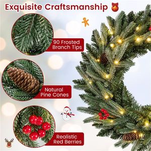 Ghirlanda Natalizia Verde Pre-Illuminata da 60 cm con 20 LED Bianchi Caldi, Pigne e Bacche Rosse, Moderna Ghirlanda in PVC per Interni/Esterni - Product Image 4