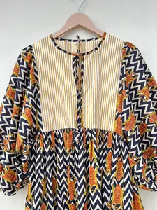 Robe midi décontractée d'été pour femme, coupe ample, imprimé tigre, col noué, manches bouffantes, en tissu tissé respirant, ourlet évasé - Product Image 3