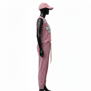 Ensemble jogging sans manches pour femme, t-shirt en coton polaire respirant et doux, 240 GSM, rose, logo personnalisé, ensembles pour femmes - Product Image 3