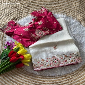 High Quality Nylon Fancy Silk with Cording Dori-Sequin work Scattered Butti- Border <b>Saree</b> & <b>Blouse</b> Collection Indian Supplier - Product Image 1