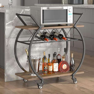 Chariot de bar roulant moderne industriel à cadre métallique rond avec étagères en bois massif et rangement pour bouteilles de vin pour salon - Product Image 5