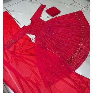 GEORGETTE DE DISEÑADOR CON BORDADO BATA DE TRABAJO FONDO SIN COSTAR CON DUPATTA ROJA - Product Image 1