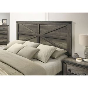 Letto Queen Size Grigio Rustico con Testiera dal Design Unico, Arredamento Semplice in Legno per Camera da Letto con Dettagli in Metallo - Product Image 5