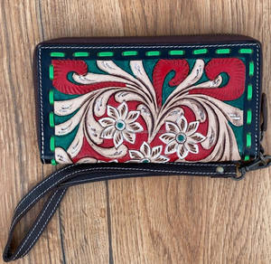 Nueva llegada de cuero tallado a mano tallado embrague muñequera Flor de Color rojo multiusos para mujer multiusos gran oferta billetera - Product Image 3