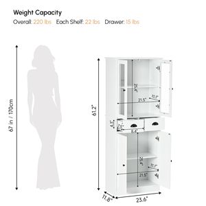 Armoire de rangement de cuisine traditionnelle de 61 pouces, autoportante, en bois blanc avec porte en verre, fermeture douce moderne, étagères réglables pour la maison - Product Image 3