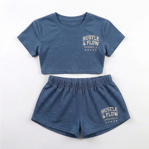 Ensemble deux pièces décontracté pour femmes, été, uni, coupe classique, 100% coton, manches courtes, col rond, haut court avec short, ensemble twin pour femmes - Product Image 1