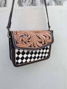 Hand Tooled Leather <b>Tote</b> Bag Two Straps Cross-Body Zipper Closure Small Size Vintage Fashion Lightweight Western Luxury Stylish - Product Image 2