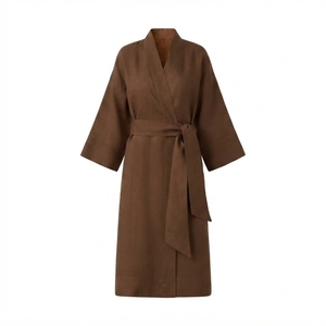 Robe de chambre en coton pour femme avec ceinture, col en V, manches trois quarts, longueur intégrale, tissée, pour le sommeil, le spa et la maison, respirante - Product Image 4