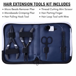 Kit d'application d'extensions capillaires Microlink avancé : Pince à sertir pour la pose de perles, outil à crochet, enfileur de fils et ciseaux - Product Image 2