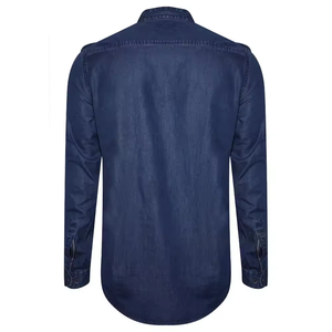 Camisa elegante para hombre, camisa vaquera de cuello mandarín en color oscuro, manga larga, diseño minimalista con cuello con banda, corte ajustado, camisa informal de algodón. - Product Image 2
