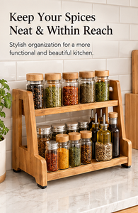 2 Tier Bamboo Spice Rack Organizer Modern Multifunctional <b>Kitchen</b> Countertop Seasoning Storage Shelf <b>Pantry</b> Cabinet Holders - Product Image 2