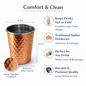 Verre à boire rétro à double paroi en acier cuivré martelé |   Gobelet isotherme en acier inoxydable |   Jus traditionnel indien - Product Image 3