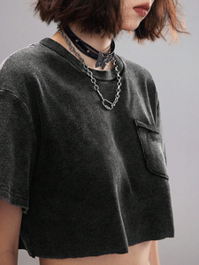 Summer Casual Dark Grey Cropped Tee Custom Vintage Aesthetic Distressed Texture Apparel Punk Style <b>Tops</b> Garments Women's Shirts - Product Image 4