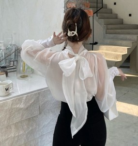 Blusa Elegante de Satén para Mujer con Lazo, Manga Abullonada, Corte Holgado, Color Sólido, Manga Larga para Uso Diario - Product Image 5