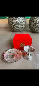 German Silver Diya with Intricately Carved Base and <b>Matching</b> Floral Plate Traditional Indian Oil Lamp Set for Puja - Product Image 2