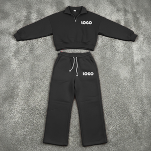 Custom Logo Women Activewear Half <b>Zip</b> Cropped Sweat Tops & Wide Leg Jogger Pants Set Women High Quality Tracksuit Set - Product Image 3
