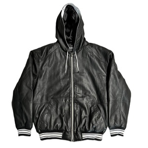 Custom OEM Men's Genuine <b>Sheepskin</b> Leather Tracksuit Two-Piece Set Striped Trim Hooded Bomber <b>Jacket</b> and Cargo Jogger set - Product Image 2