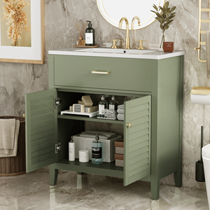 Mobile da Bagno da 30 Pollici con Lavabo in Ceramica Multifunzionale, 1 Cassetto Estraibile e Divisori, Ampia Combinazione di Spazio di Archiviazione - Product Image 2