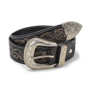เข็มขัดหนังแท้สไตล์ตะวันตกสำหรับผู้ชาย ดีไซน์หรูหรา แกะสลักลายดอกไม้ พร้อมหัวเข็มขัดทองเหลืองดีไซน์เนอร์ และห่วงคล้องปลายเข็มขัด - Product Image 2